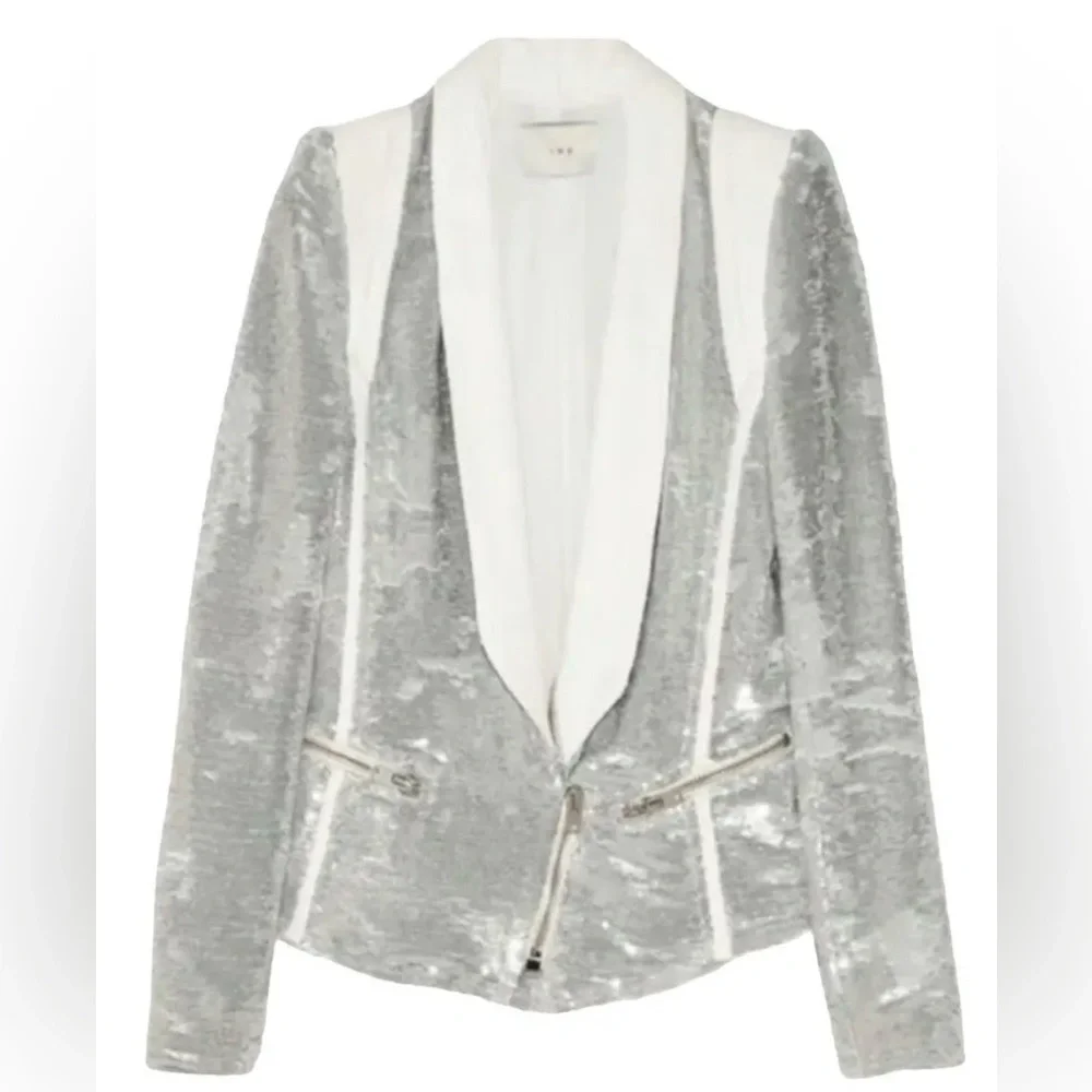 IRO Paris Silver Sequin "Hadley" Moto Blazer with White Leather - Picture 5 of 16